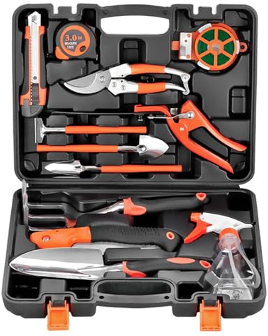 Juego herramientas jardinería, juego combinado herramientas jardín, herramienta manual maceta para patio incluye rociador, tijeras podar, tijeras setos, sierra plegable, pala, rastrillo, etc. B