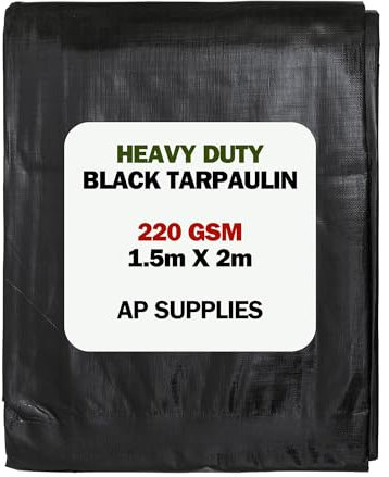 AP Supplies Black Tarpaulin 220gsm 1.5m x 2m – Heavy Duty Waterproof Cover with Reinforced Edges & Rust-Resistant Eyelets – Durable Polyethylene Outdoor Sheet for Construction, Garden & Camping