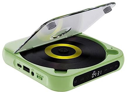 Pyanegn Bärbar CD-spelare Bluetooth-högtalare, LED-skärm, stereospelare, väggmonterbar CD-spelare med FM-radio-grön