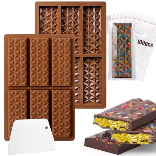 2 Stück Schokoladenform Silikon Schokoladenform Tief, Silikonform Schokolade Wiederverwendbare Schokoform, Schokoladen Form für Schokolade Praline Süßigkeiten, mit 100 Beuteln, 1 Abstreifer