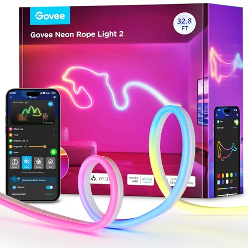 Govee RGBIC Neon Lights, LED Smart Neon Rope Light 2 Works with Matter, Alexa, Google Assistant, Custom DIY Neon Strip Lights for Bedroom and Holiday Decor, Softer Material, 32.8ft, White