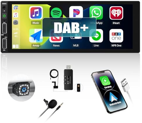 CAMECHO Autoradio DAB DAB+ Plus 1 Din mit Carplay Android Auto, 6,86 Zoll 1Din HD Bildschirm Auto Display Radio mit Mirror Link Bluetooth FM Radio USB/EQ SWC +Rückfahrkamera+MIC