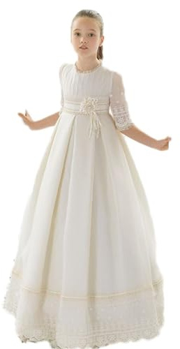 Ossadress Vestido de Primera Comunión para Niña, Blanco, Princesa, de Satén y Encaje, Manga Media Manga, Vestido de Flores para Niña, Ropa para Niños y Niñas, beige, 140