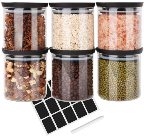 Aevcvok Bocaux en Verre Lot de 6, Pot en Verre avec Couvercle, Bocal en Verre Hermétique Empilable, Bocaux Rangement Cuisine pour Epices, Céréales, Farine, Café - 6x 650ml