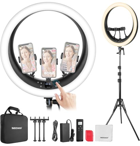 NEEWER RP19H 19 Ringlicht mit Stativständer/3 Handyhalterungen/Reinigungstuch Kompatibel mit iPhone, 2.4G Touch Control LED Ringleuchte für Videoaufnahme Studio Streaming Zoom Selfie Makeup