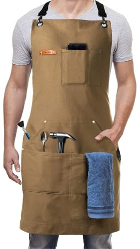 Parsuko Professional Work & Chef Apron for Men and Women, Heavy Duty Water-Resistant Cotton Canvas, Durable Adjustable, for Cooking BBQ Grilling Workshop Craft, Home & Commercial Use-Brown