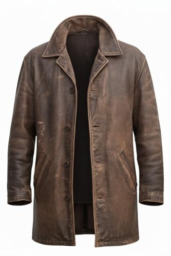 Shopoyn Giacca da uomo Dean Winch in vera pelle di lunghezza 3/4, trench coat vintage da uomo in pelle, blazer lungo, cappotto da auto per cosplay, Marrone invecchiato., L