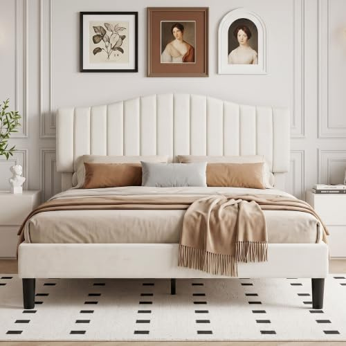VECELO Double Bed Frame, 4ft6 Upholstered Platform with Adjustable Velvet Headboard, Strong Wood Slats, 20cm Under-Bed Storage, Noise-Free, No Box Spring Needed, Beige