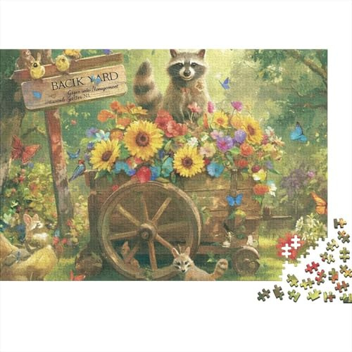 Raccoon Garden Cart 1000 Pc Recycled Cardboard Jigsaw Puzzle Adults Raccoon Flower Cart Educational Decompression Wall Decoration Gifts Womens Relaxation Time 70x50cm
