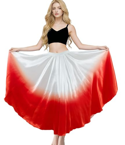 Satin Skirt Belly Dance Women Girls Festival Cosplay Long Skirt Flamenco Swing Skirts Gradient Red