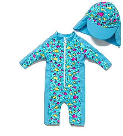 BONVERANO Bañador Recién Nacido Manga Corta Protección UV 50+ con Gorro(Azul-Azul,18-24meses