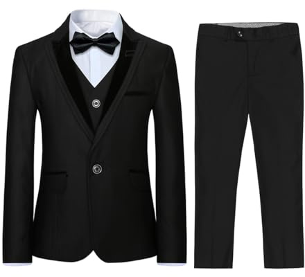 Traje de 3 Piezas, para niño, Clásico, ceñido, esmoquin, para Boda y Baile, con Chaqueta, Pantalones Y Chaleco, Negro , 14 años