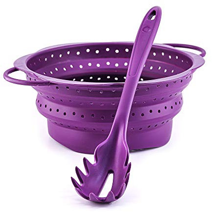 Kochblume Pastalöffel & Faltsieb L 2er Set | Premium-Silikon | Hitzebeständig | Spülmaschinenfest | Farbe: lila