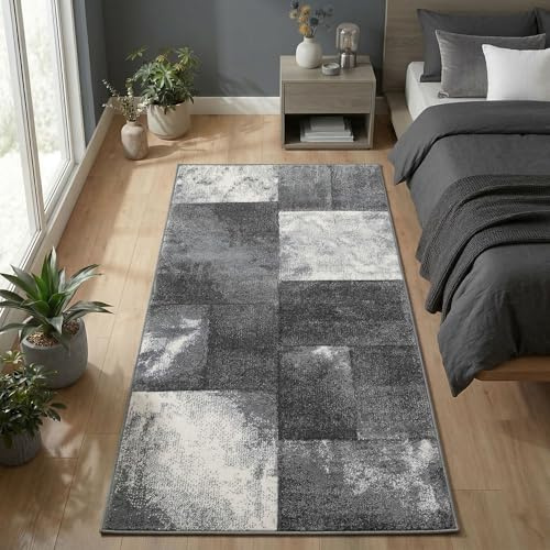 Carpetsale24 Teppich Läufer 80x150 cm Kurzflor Konturenschnitt in Grau Weiß Kariertes Design, Waschbar, Pflegeleicht, Extra Weich Für Flur, Küche, Schlafzimmer