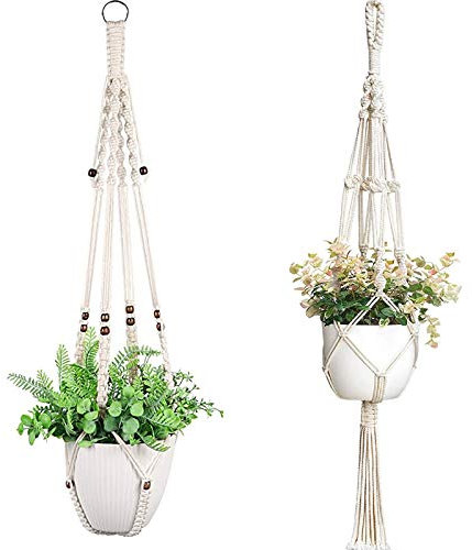 OAMENXI Macrame Plant Hangers Indoor Hanging Planter Basket With Wood Beads Flower Pot Holder Cotton Rope No Tassels Boho Home Decor (2)