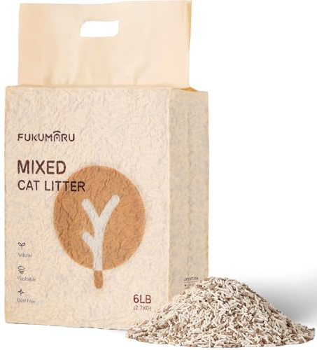 FUKUMARU Tofu Cat Litter, 6 LBS Clumping Cat Litter, Dust Free Unscented Flushable Tofu Litter, Natural, Lightweight and Low Tracking Litter Pellets Mixed Apple Wood, 24/7 Odor Control