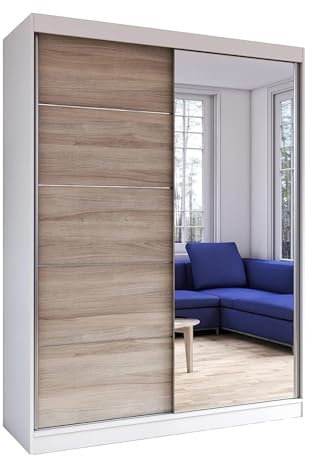 Fabryka Mebli Idźczak Kleiderschrank mit Spiegel, Schiebetüren - Schwebetürenschrank, Schlafzimmerschrank - ‎61 x 150 x 200 cm - Schrank für Schlafzimmer, Ankleidezimmer, Garderobe - Weiß, Sonoma
