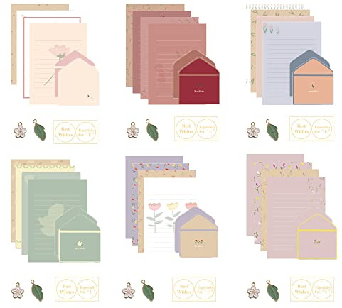 72 Pcs Stationary Writing Paper and Envelopes Set, 24 Sheet Floral Letter Paper 12 Pcs Matching Envelopes Cute Lovely Stationery Lined Writing Paper for Girls Boys Office School Supplies 6 Style