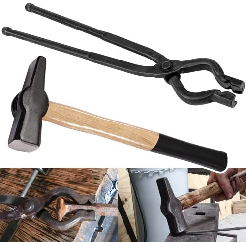 Schmiedezange und Hammer-Werkzeug-Set, 43,2 cm, V-Bit-Bolzenzange und 1 kg, Schmiedehammer, unverzichtbar für Schmiede, Klingenmith, Messer, Werkzeug-Set