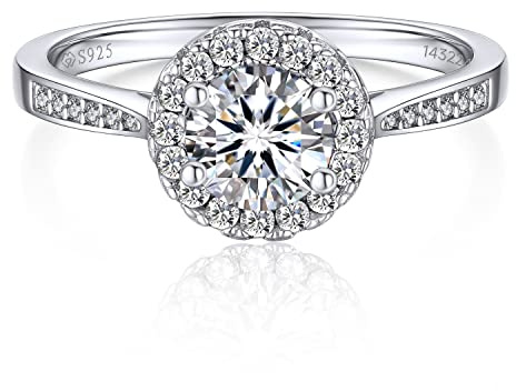 MomentWish Bague de Fiançailles Femme, 1 Carat Moissanite Diamant Bague Halo Elégant Argent 925 Femme Mariage Promesse avec Emballage Cadeau/GRA Certificat Taille54.5