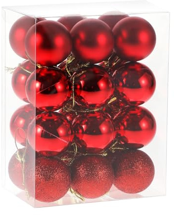RELONGGI Christmas Balls Ornaments，24pcs 1.5 Pre-Strung Xmas Tree Decorations，Holiday Hanging Balls-3 Style Shatterproof Birthday Halloween Holiday Wedding Christmas Ornaments(Red)