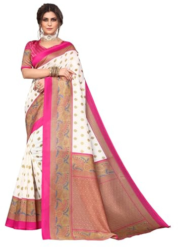 IMTRA FASHION Sari indio de seda impresa con blusa sin costuras para mujer, Blanco Y Rosa, L
