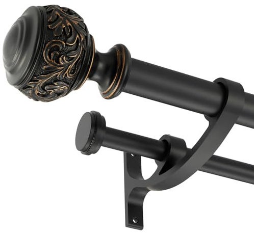 Double Curtain Rod, 1 inch Window Telescoping Drapery Double Rod 72 to 144 Inches (6-12 Feet), Classical Ball Finials,Premium Aluminum Brackets,Matte Black
