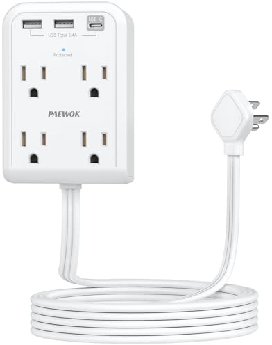 Surge Protector Power Strip with 3 USB Wall Plug(1 Type C), 4 AC Socket Wall Adapter, Electrical Outlet Extender Stick with 8 ft Thin Extension Cord, Home Office Dorm Room Essentials, White