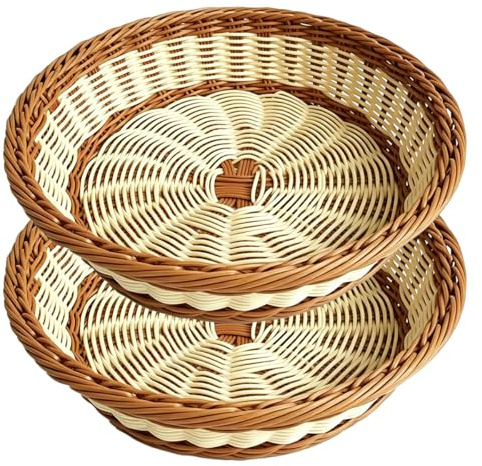 RT&BS 2-pack poly-Wicker rund brödkorg, robust och stapelbar, miljövänliga, handvävda förvaringskorgar, runda för grönsaker, frukt, mellanmål i kök, restaurang, utomhus, fest (färg, L)