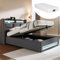 Polsterbett 90x200, Einzelbett mit Stauraum und Lattenrost, LED Kopfteil mit Staufach und USB Ladefunktion, Hydraulisch Stauraumbett Funktionsbett Rückenlehne Bettgestell, Leinen, Mit Matratze Grau