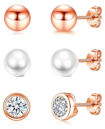 Josfeva Silber Ohrstecker Ohrringe für Damen, 3 Paare 925 Sterling Silber Ohrstecker Ohrring Set, 4mm Kugel/Weiße Perlenohrstecker/Ohr Stecker mit Zirkonia, Hypoallergene Rosegold Schlafen Ohrring Set
