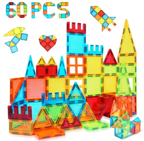 Blocs de Construction Magnétiques, 60PCS Construction magnetique Enfant, Jouets pour 3 4 5 6 7 8 Ans garçon Fille