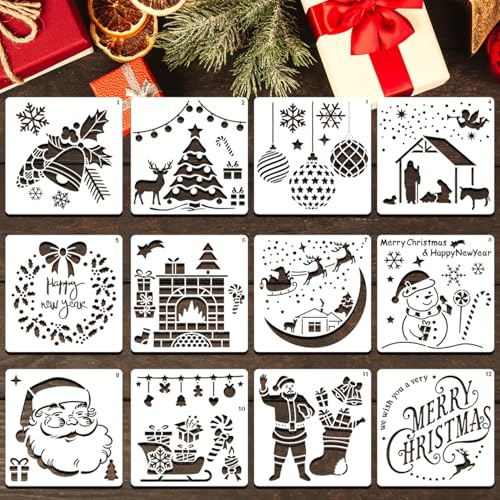 Juego de 12 plantillas de Navidad para colorear, spray de nieve para ventana, juego de manualidades para niños con motivos para pintar, rociar y plantilla, decoración navideña DIY (A)