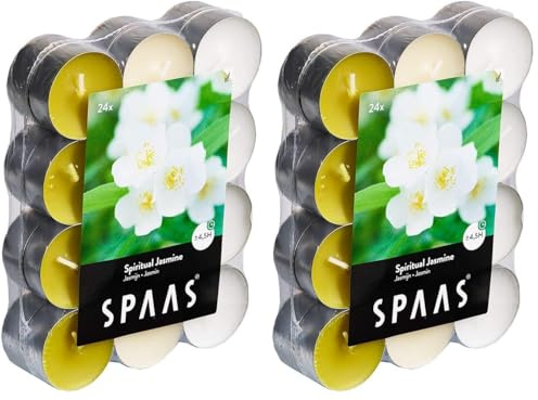 Spaas 24 lumini profumati, Colori Assortiti, ± 4,5 Ore, Gelsomino Spirituale (Confezione da 2)
