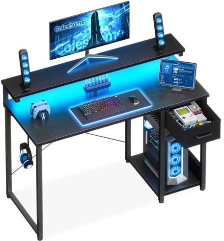 Coleshome Scrivania Gaming con LED, 100x48cm Scrivania con Cassetti, Reversibile Scrivania Piccola con Supporto Monitor e Gancio per Cuffie, Una Perfetta per Gli Spazi Ridotti, Nero