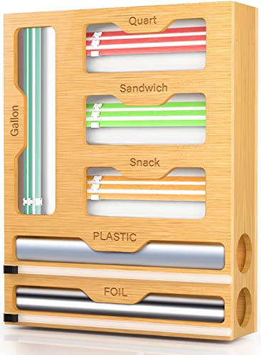 KOCWELL Bag Organizer & Plastic Wrap Dispenser with Cutter, 6 In 1 Bamboo Foil & Plastic Wrap Organizer for Kitchen Drawer, Food Storage Bag Organizer for Gallon,Quart,Sandwich,Snack (Yellow)
