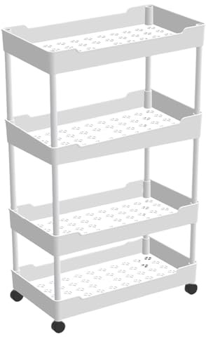 Rolling Storage Cart - Hollow Design Shelves, Tier Movable Rack, Hook Slide Stand | Action Motion Piece, Secure Porter Item for Kitchen Living Room Work Area House Home Studio Unit Hub Site Point