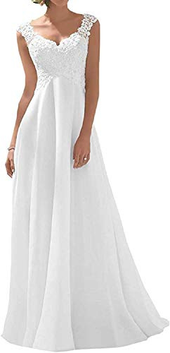 Hochzeitskleider Chiffon Brautmode Damen V Ausschnitt Brautkleider A-Linie Umstandsbrautkleid Weiß 38