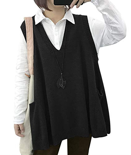 YESNO Women Loose Swing Chunky V-Neck Sweater Vests Oversized Knit Sleeveless Jumpers with Cute Drop Pockets XL WM9UK Black