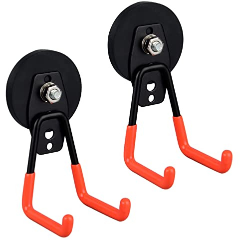 ULIBERMAGNET Heavy Duty Magnetic Garage Hooks,Strong Large Magnet Hooks for Power Drill,Garden Tools,Hose,Pegboard,Garage, Workshop,2 Pack Magnetic Storage Holder for Indoor Outdoor Hanging(Orange)