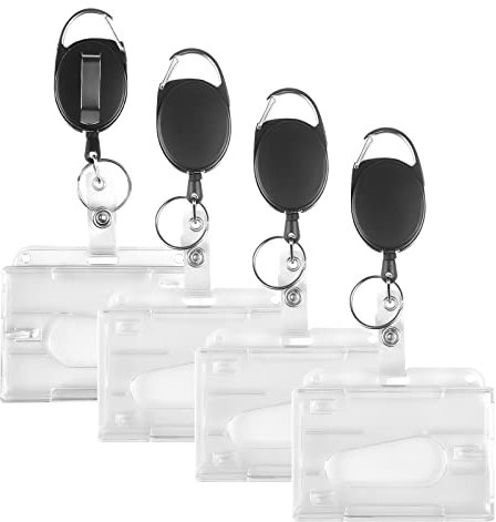 Relota 4 Piezas Llavero Retractil, Llavero Extensible Resistente con Funda para Tarjeta Transparente, Retráctiles Soporte para Insignia de Mosquetón, Soporte Retráctil para Tarjeta de Identificación