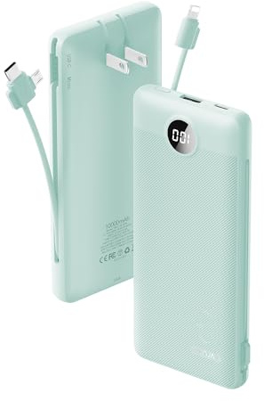 VRURC Portable Charger Built-in Cables and AC Wall Plug, USB C Power Bank 10000mAh, Travel Battery Portable Phone Charger Compact Lightweight External Battery Pack for Smart Phones, Tablets etc-Green