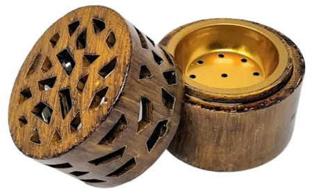 Resin Bakhoor Incense Burner with Brass Bowl – Carved Wooden Look – Decorative Holder for Resin, Charcoal & Cone – Aroma Diffuser for Meditation, Relaxation & Home Fragrance JR23079 (Brown)