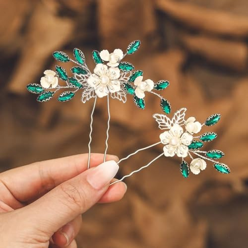 IYOU Flower Wedding Hair Pins Green Crystal Bridal Hair Piece Leafs Prom Bridesmaid Hair Accessories for Women (Pack of 2)