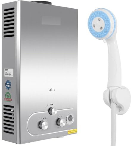 TRY-YEAN Chauffe-eau au propane portable, chauffe-eau sans réservoir, chauffe-eau à gaz à la demande pour camping RV, protection contre la surchauffe (12L Propane Argent)