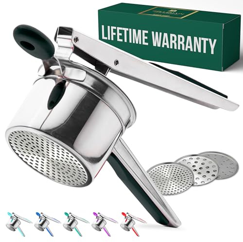 Bellemain 15 oz Large Potato Ricer | Heavy-Duty Stainless Steel Potato Ricer & Masher | Perfect for Mashed Potatoes | Kitchen Tool with 3 Interchangeable Discs (Black)