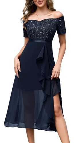 Berylove aftonklänning dam, lång glitter, cocktailklänning elegant för bröllop, off shoulder-klänning, balklänning, Marinblå, 3XL