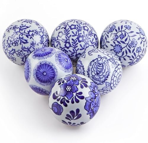 Lejoy Decorative Porcelain Balls, 3.2 Centerpiece Balls Set, Floating Ceramic Orbs Spheres for Bowl, Vase, Basket, Dish, Fish Tank, Home Decor, Pack of 6 (Blue and White)