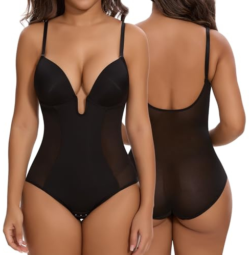 SHAPERIN Women Backless Bodysuit Shapewear Tummy Control Body Shaper with Built In Bra Sexy U Plunge Bodysuit Push Up, Black, M