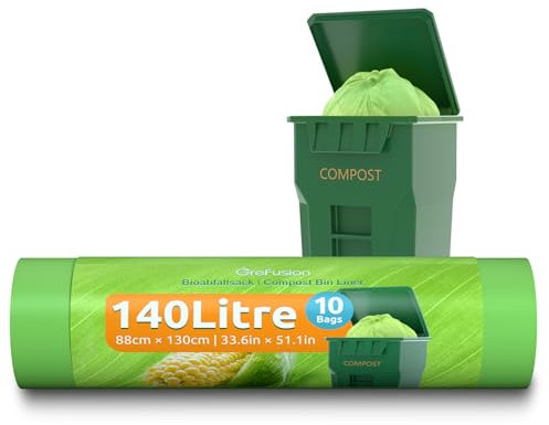 GreFusion Lot de 10 sacs poubelle 100 % compostables 140 l avec certificat EN13432